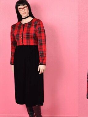 Charles Keath Vintage 1980s Plaid & Velvet Evening Dress,Size 16, Style#4910 NWT